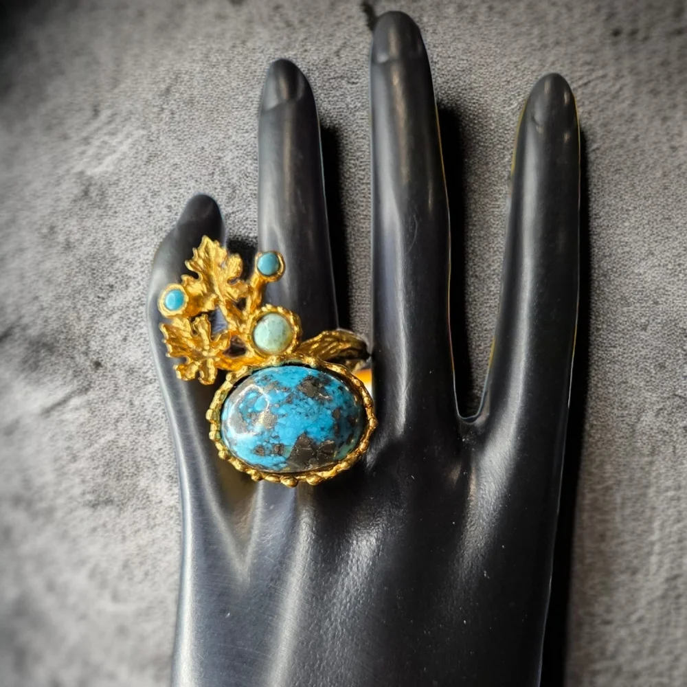 24k Gold Plated Artisan Turquoise Leaf Twig Free Form Massive Statement Ring - Picture 5 of 7